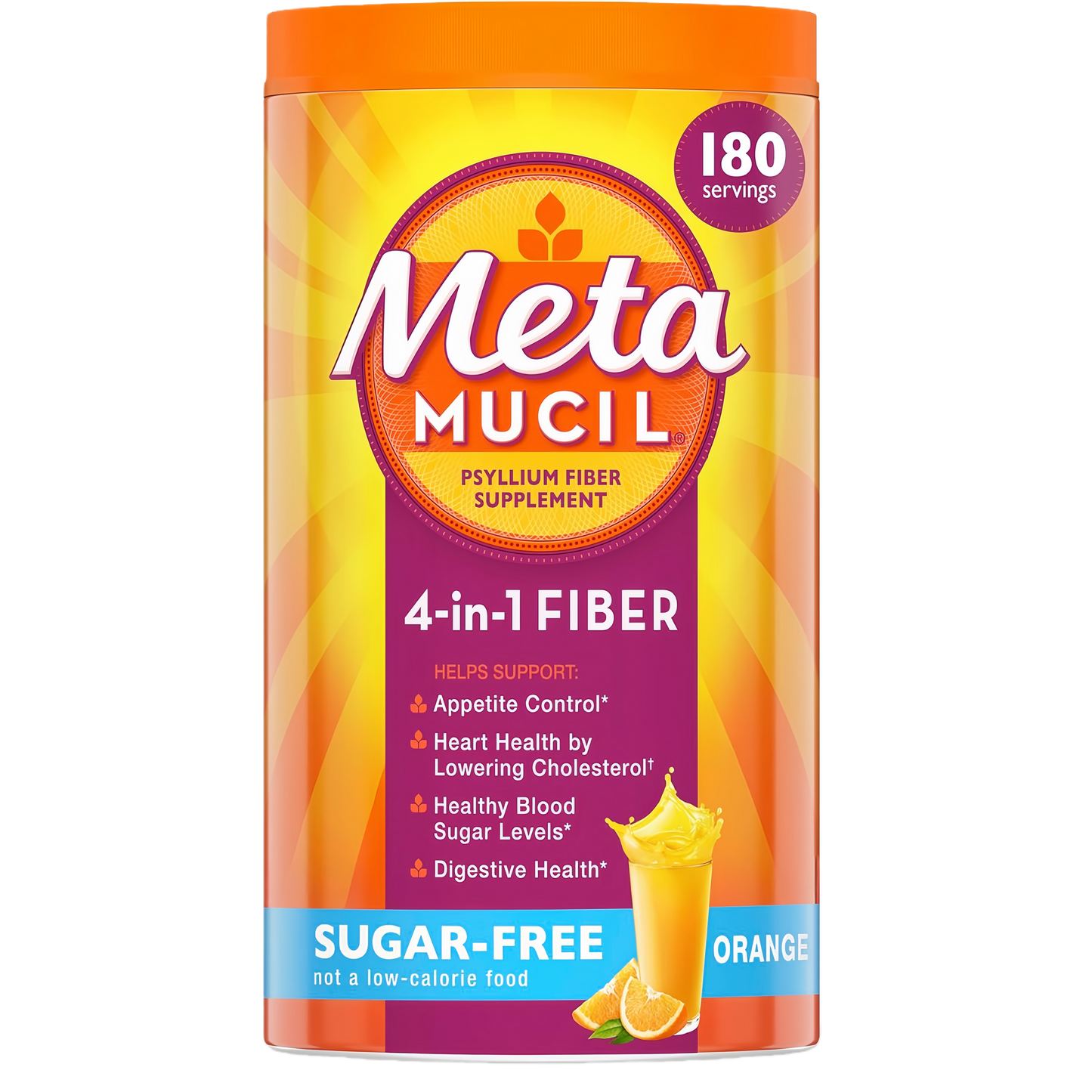 Metamucil 4-in-1 Psyllium Husk Fiber Supplement, Sugar-Free, 180 teaspoons, Orange Flavored, Daily Fiber Powder for Digestive Health, made with Plant-Based Psyllium Husk Fiber