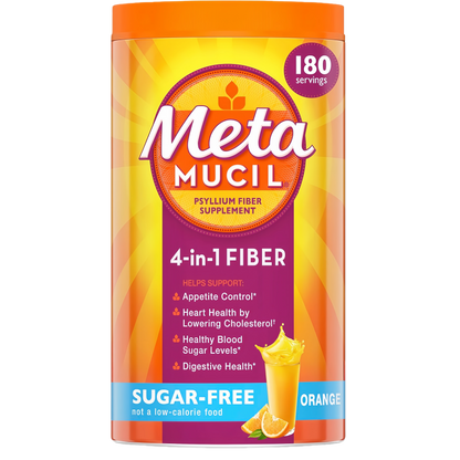 Metamucil 4-in-1 Psyllium Husk Fiber Supplement, Sugar-Free, 180 teaspoons, Orange Flavored, Daily Fiber Powder for Digestive Health, made with Plant-Based Psyllium Husk Fiber