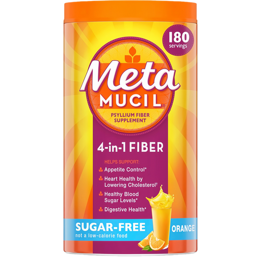 Metamucil 4-in-1 Psyllium Husk Fiber Supplement, Sugar-Free, 180 teaspoons, Orange Flavored, Daily Fiber Powder for Digestive Health, made with Plant-Based Psyllium Husk Fiber