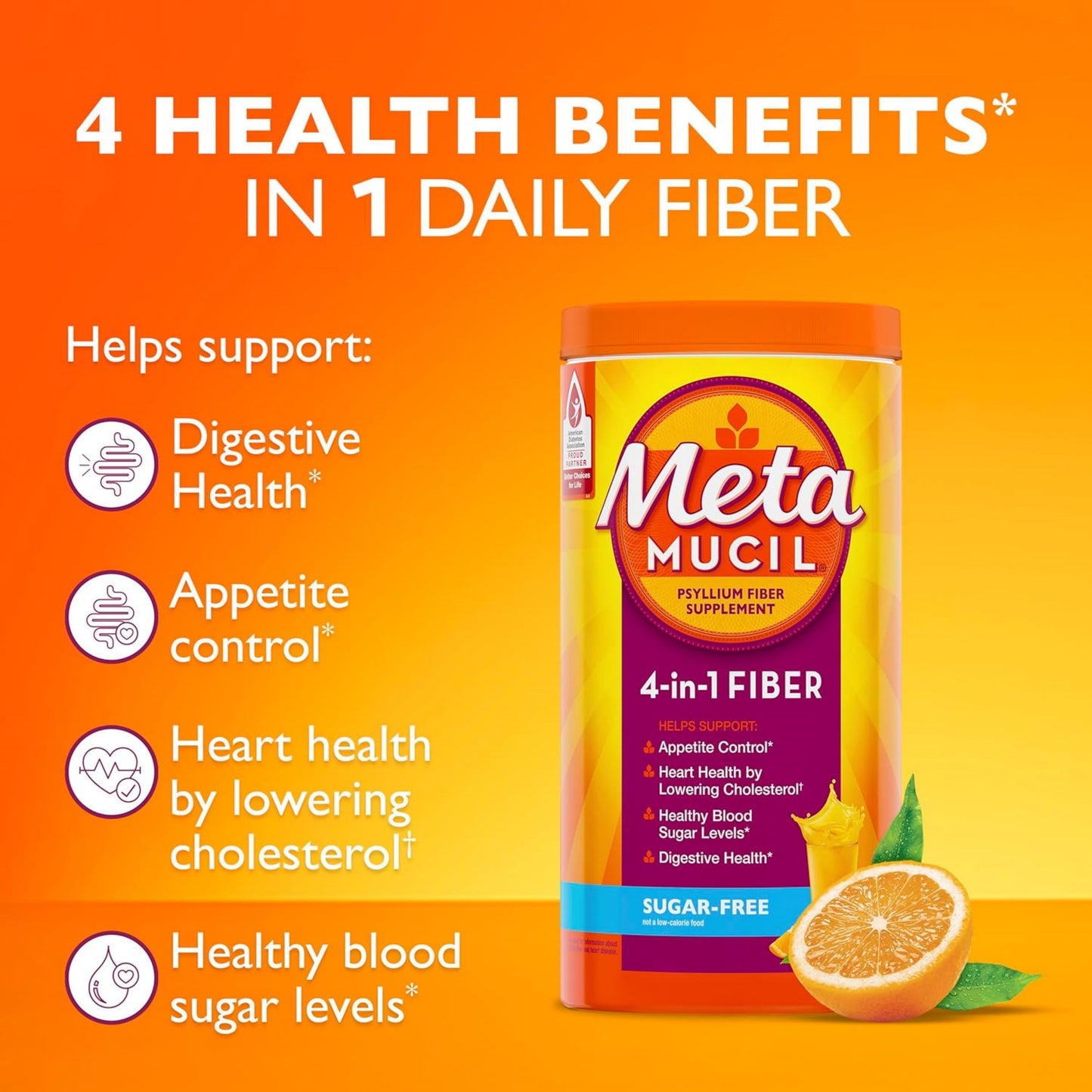 Metamucil 4-in-1 Psyllium Husk Fiber Supplement, Sugar-Free, 180 teaspoons, Orange Flavored, Daily Fiber Powder for Digestive Health, made with Plant-Based Psyllium Husk Fiber
