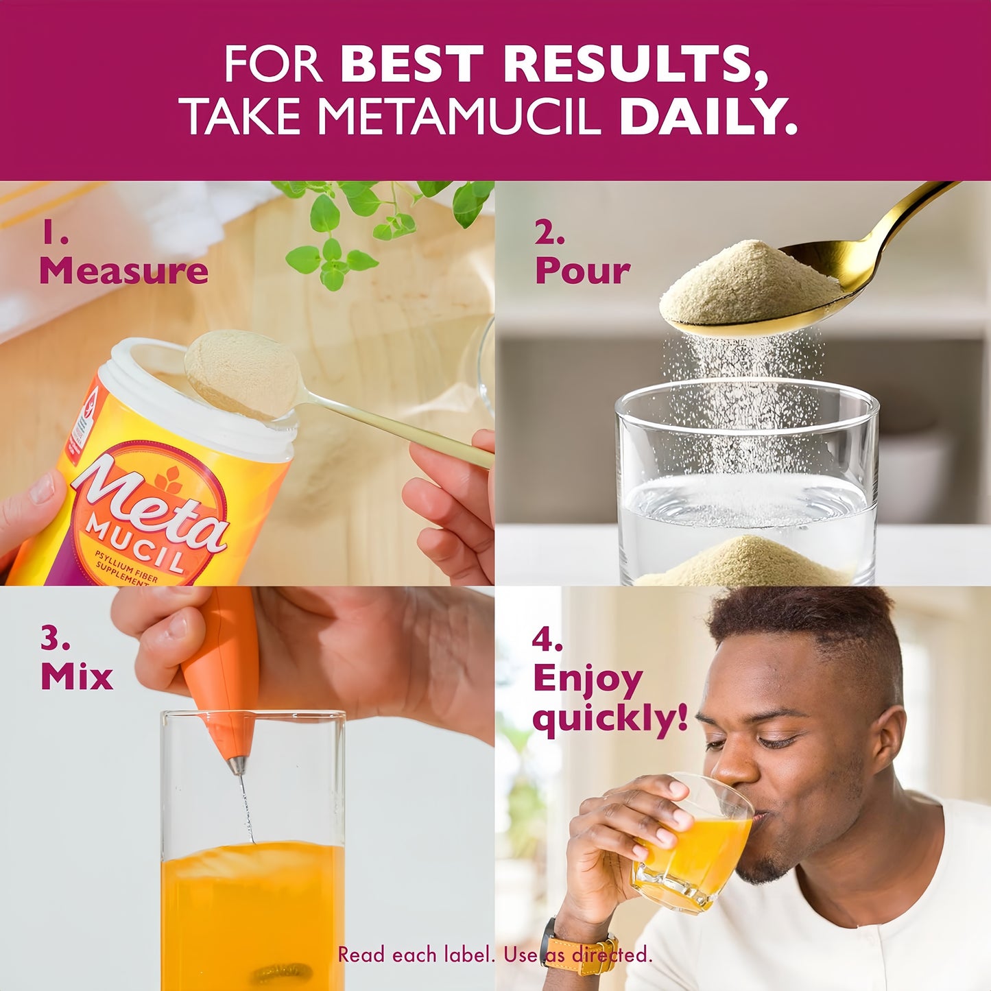 Metamucil 4-in-1 Psyllium Husk Fiber Supplement, Sugar-Free, 180 teaspoons, Orange Flavored, Daily Fiber Powder for Digestive Health, made with Plant-Based Psyllium Husk Fiber